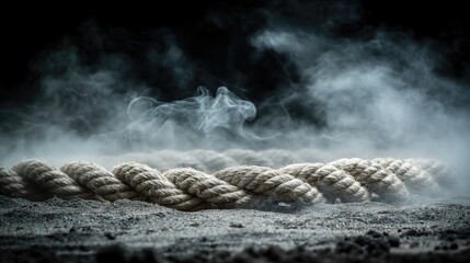 A rope lies on the ground with smoke forming cumulus clouds in the grey sky