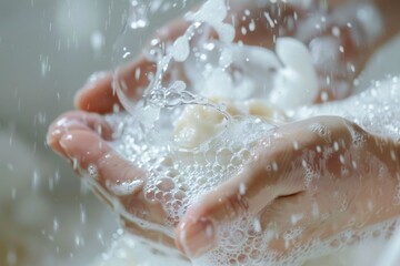Fototapeta premium A detailed close-up capturing the tranquility of hands cupped together, catching a soft rain shower mixed with soap suds, symbolizing purity and care.