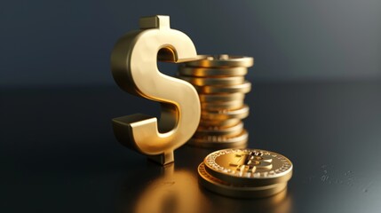 dollar sign and gold coins, currency,  Bitcoin, copy and text space