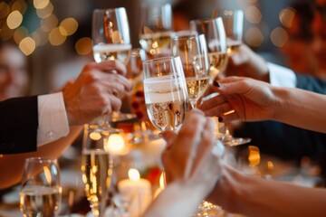 Close-up of hands clinking champagne glasses at a celebration with warm, blurred lights in the background.