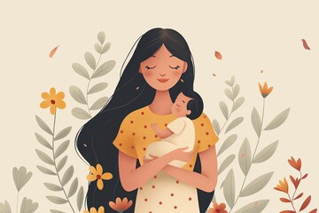 A young mother with her baby child, cute and sweet cartoon illustration on a floral background, simple minimal