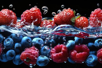 A fresh fruits or vegetables with water droplets creating a splash advertising food photography