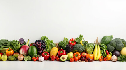 Wide collage of fresh fruits and vegetables for layout isolated on white background. Copy space, Generate AI