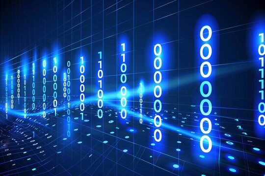 Hidden Language Illuminated: Deep within the digital sphere, a dark background reveals its hidden language. Glowing blue binary code illuminates the scene, offering a glimpse into the complex communic