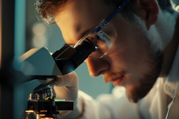 A dedicated male scientist is deeply focused on analyzing samples using a microscope in a modern laboratory setting, showcasing innovation and concentration.