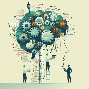 Creative team working on a high-tech IT project represented by a human head or brain with gears, blockchain and AI artificial intelligence, flat cartoon illustration clip art minimal UI UX