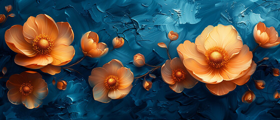 Oil painting of the orange golden roses on blue background