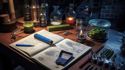 Art Station with various art supplies on a wooden table, with an open diary and a lighting lamp.
