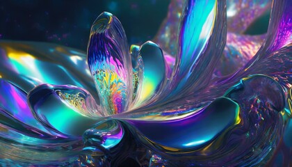 metallic and iridescent melting orchid-like waves; blue, pastel pink, and bright orange colors;...