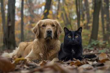 A golden retriever and a sleek black cat stand face-to-face, a testament to the surprising understanding that can blossom between unlikely companions - obrazy, fototapety, plakaty