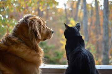 Inside, an unexpected friendship unfolds. A playful golden retriever and a sleek black cat face off in a daily ritual of playful swats and curious sniffs