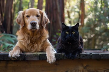Beyond Furry Feuds: Nestled among towering trees, a suburban haven fosters an unlikely bond. A golden retriever and a sleek black cat, once presumed adversaries, face each other  - obrazy, fototapety, plakaty