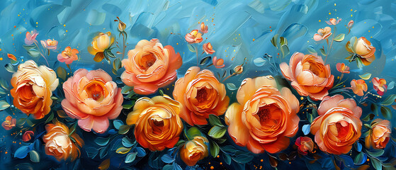 Oil painting of the orange roses on blue background