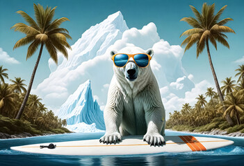 a polar bear with goggles on and a surfboard in the water - Powered by Adobe
