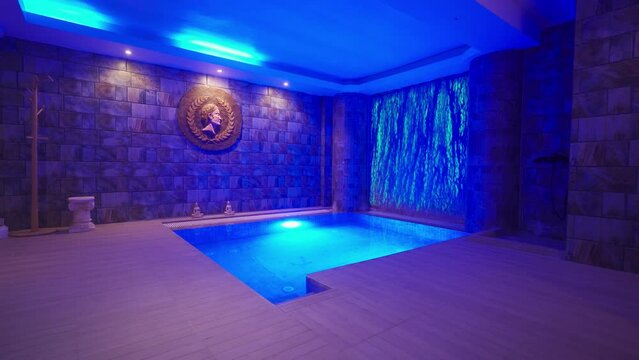Indoor Dead Sea floatation pool with cascading water wall in serene spa ambiance illuminated by soothing blue lights for ultimate relaxation hydrotherapy.