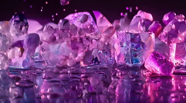 a collection of ice cubes with purple light reflections