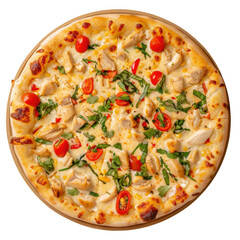 Pizza with chicken and tomatoes on a wooden cutting board