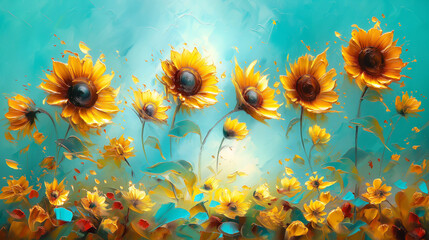Oil painting of the yellow sunflowers on blue background