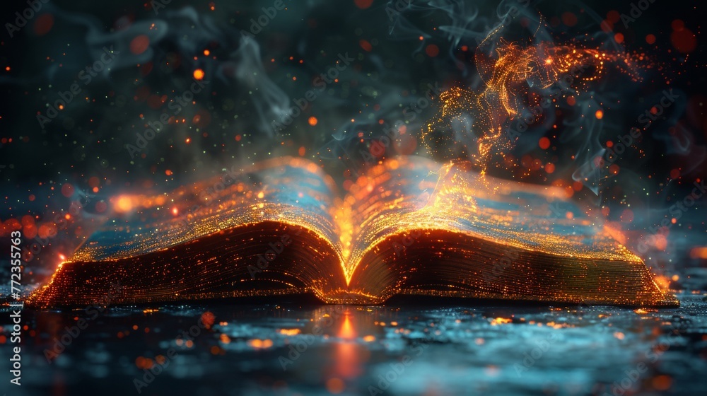 Poster a futuristic digital book symbolizing knowledge and wisdom. this illustration shows an online learni