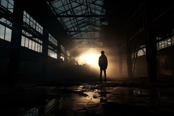 Vigilant Silhouette fbi agent warehouse. Crime scene tape in abandoned warehouse. Generate Ai - obrazy, fototapety, plakaty