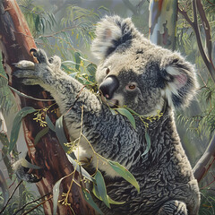 A Serene Illustration of a Koala Feasting on Eucalyptus Leaves in the Wild