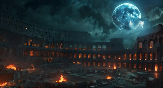 Ancient coliseum where spectral gladiators battle under a full moon