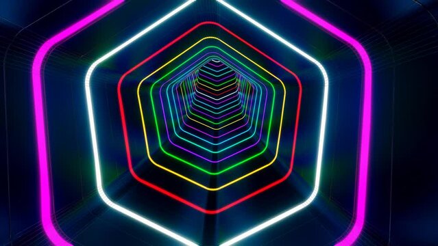 3D illustration of a hexagonal shape infinite rotating tunnel with colorful neon lights