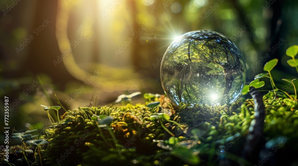 Poster detailed view of a crystal globe sat on moss in a forest - concept of the environment