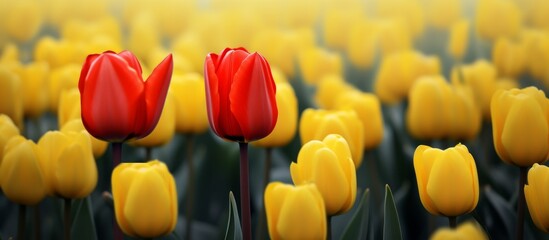 A red tulip blooms among yellow tulips in a meadow