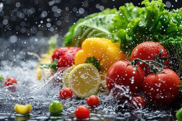 Fototapeta premium A fresh fruits or vegetables with water droplets creating a splash advertising food photography
