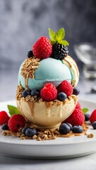 Balls of beautiful bright multi-colored ice cream, decorated with chocolate chips, fruits, mint, berries. Light photo, bright saturated colors. International Creative Ice Cream Day.