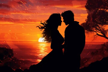 Radiant Silhouette of couple at the orange sea sunset sky. Young lovers on ocean honeymoon walking in dusk. Generate ai - obrazy, fototapety, plakaty