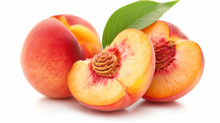 Succulent Fresh Peaches
Vivid peaches and a sliced half with a vibrant green leaf against a white...