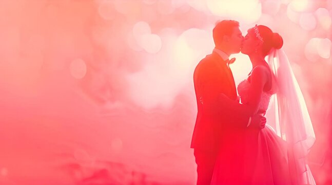 Romantic couple taking pre-wedding photos on pink background
