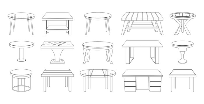 Tables Furniture Types Isolated Outline Monochrome Vector Icons Set. Dining, Coffee, Bedside And Console Tables