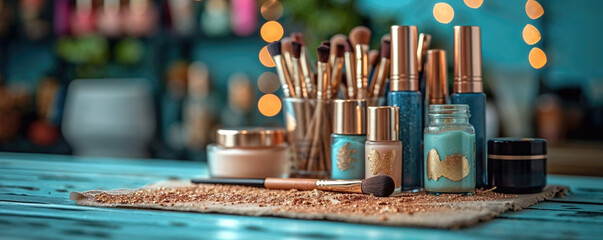 A table with many makeup items on it, including a jar of powder and a brush