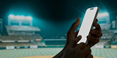 A hand holds a smartphone with a blank screen at a baseball stadium