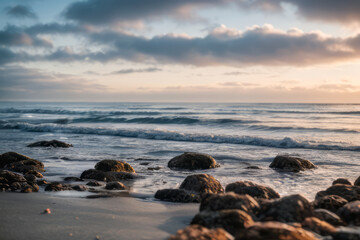 Fototapeta na wymiar Sunset on the beach with fiery sky and calm ocean waves