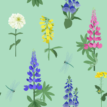 Seamless background with lupine, chrysanthemum and dragonflies