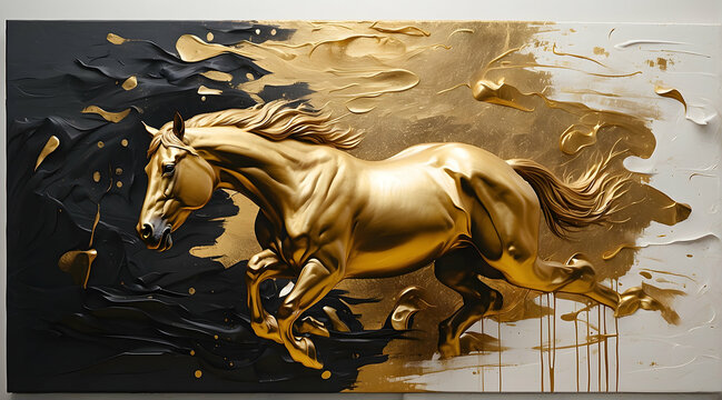 Striking image of a golden horse galloping across a canvas with abstract gold leaf textures