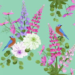Seamless background with lupine, chrysanthemum and birds