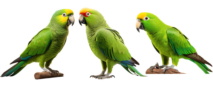 Set of three green parrots portrait on tree branch, isolated on transparent background