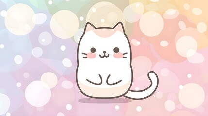Obraz na płótnie Canvas Cute kawaii fluffy smiling cat cartoon vector icon illustration isolated on rainbow pastel pink color background with bubbles and copyspace, Premium Vector flat anime Japanese style, poster wallpaper