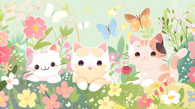 Cartoon cute cat character in a magic forest. Childish colorful kawaii anime style cat, flowers butterflies. Flat pastel color simple style design phone wallpaper banner poster