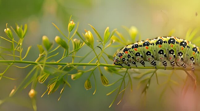 green caterpillar on tree trunk