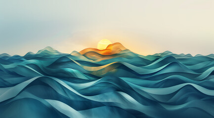 Aesthetic waves feature abstract geometric shapes reminiscent of the ocean during sunset. Seascape background. - obrazy, fototapety, plakaty