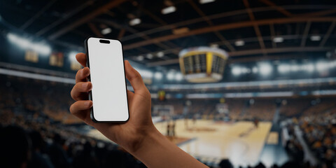 Caucasian man using smartphone during a game on basketball arena