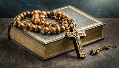 Bible and rosary beads and holy crucifix with small cross