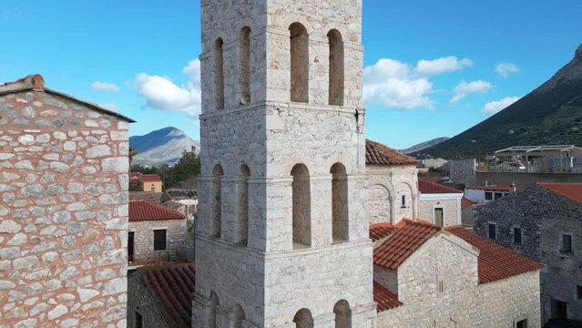 Iconic aerial scenery over the old historical town of Areopoli Lakonia, Greece -  Mani Peninsula Peloponnese - drone aerei view old historic traditional village 