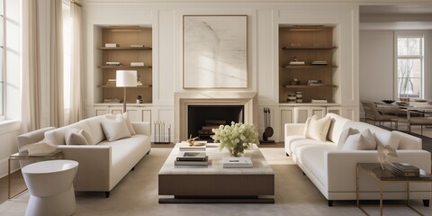 Neutral hues and sophisticated furnishings define a modern Transitional space, where white reigns supreme, evoking a sense of tranquility. - obrazy, fototapety, plakaty